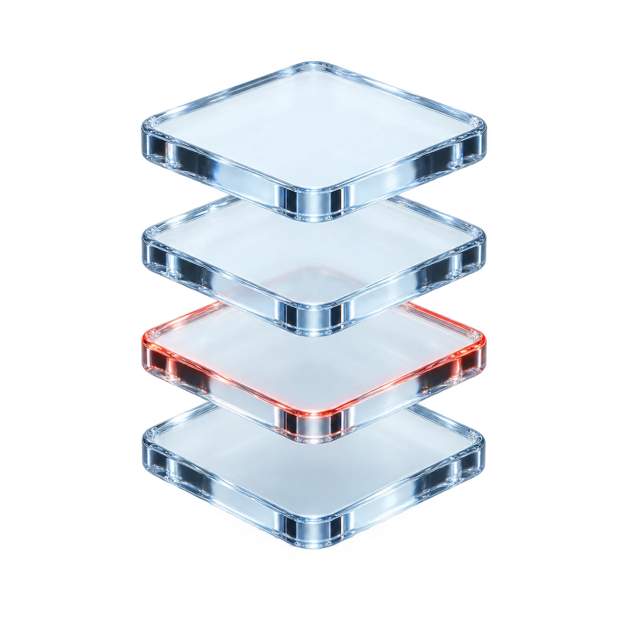 Four floating glass layers representing our connected approach