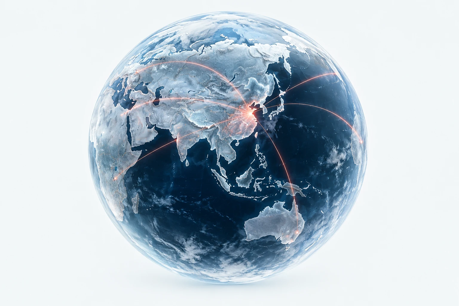 A luminous glass globe with connections converging on East Asia